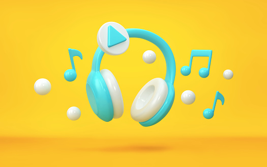Headphones and musical notes flying over yellow background. Music app concept