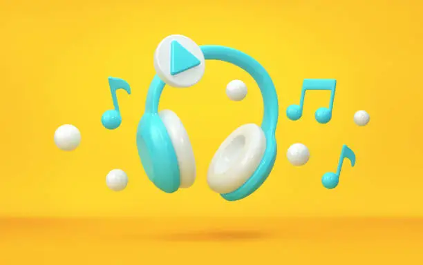Headphones and musical notes flying over yellow background. Music app concept. 3D rendering