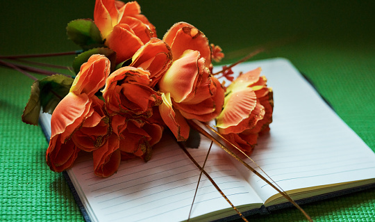 Above shot of orange flowers on an open notepad. Nature can inspire us to write and spark our creativity. Get productive and motivated in a creative environment. Write down dreams, plans and goals