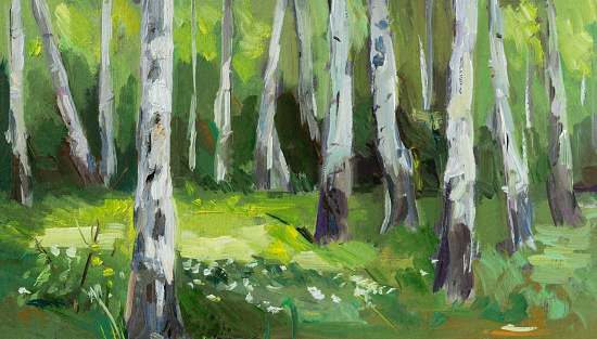 Birch forest oil painting. Green spring landscape. Beautiful illustration of the forest with oil paints. Author's work. Modern realistic art. Horizontal banner, colorful postcard sketch. Summer time