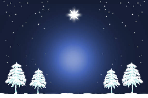 istock Christmas trees and stars, white snowscape background illustration 1433535997