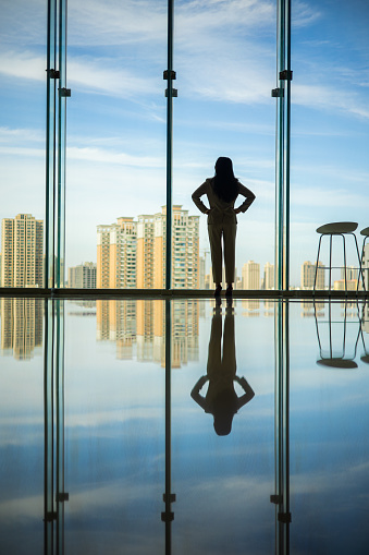 Businesswoman standing at window looking city skyline