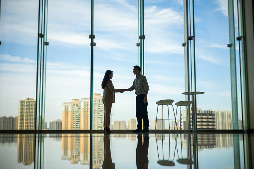 Businesswomen and man handshake in front of window