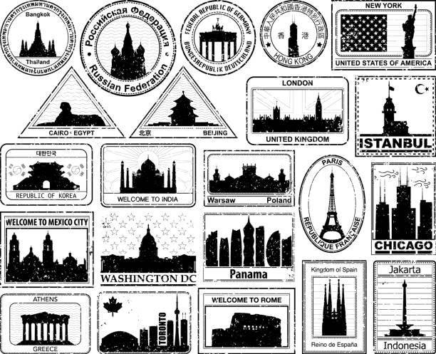 ilustrações, clipart, desenhos animados e ícones de selos de passaporte - travel locations europe china beijing