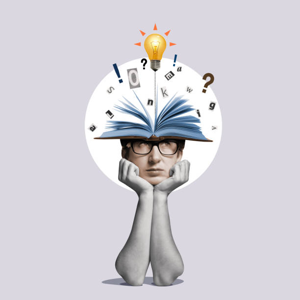 Concept of a new idea. Head with an open book and a light bulb as a metaphor for a new idea. Art collage. patent  examination stock pictures, royalty-free photos & images