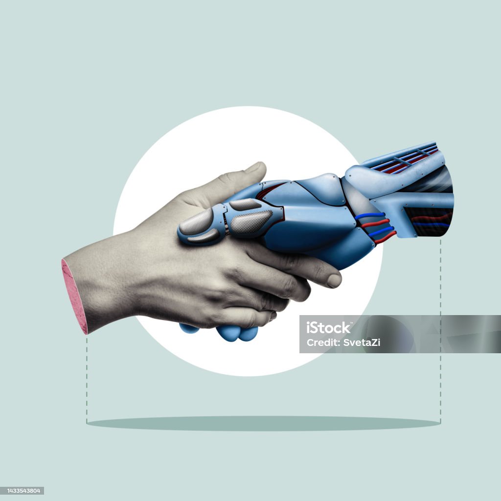 Artificial intelligence and robotics, concept. Handshake of man and robot. Modern technologies. Art collage. Artificial Intelligence Stock Photo