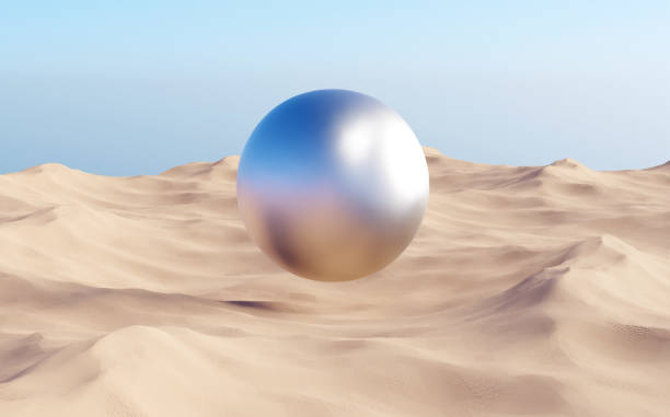 Surreal desert landscape with silver sphere over sand dunes. Abstract modern minimal fashion background. 3d render concept