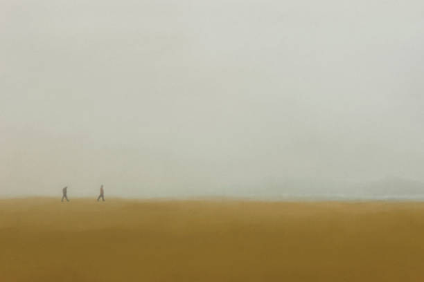 illustration of two people walking in a desert landscape vector art illustration