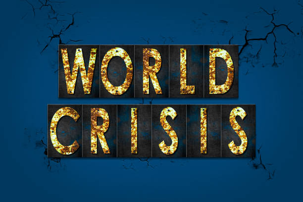 istock World crisis. Words from rusty letters, on a cracked blue wall. Business. 1433545369