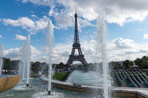 The famous Eiffel Tower against a blue cloudy sky