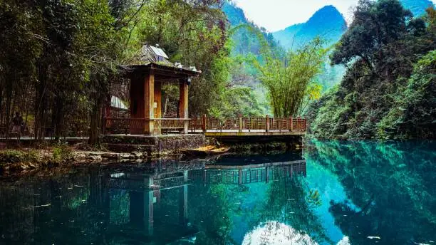 A resort on the bank of a mirror lake with turquoise water surrounded by green nature in Guizhou