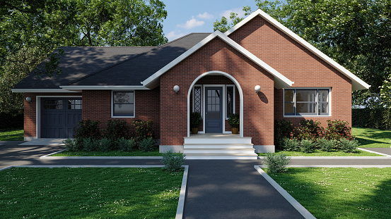 Beautiful red brick house. 3D visualization of a house with a landscape. American house with garage.