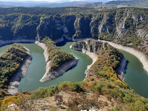 A high-angle view of the beautiful Canyon river meander Uvac in Serbia