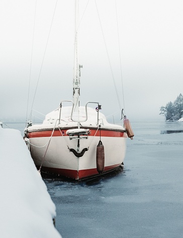 A vertical shot of a boat covered in snow under a cloudy sky during winter