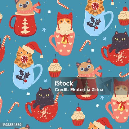 istock Seamless pattern with Christmas cats in mugs. Vector graphics. 1433554889