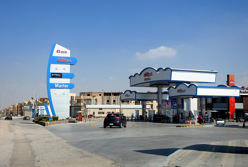 Cairo, Egypt, October 14 2022: Selective focus of Chillout gas and oil station with a blue sky, a petrol gas station in new Cairo city with Master market and B.TECH inside the station