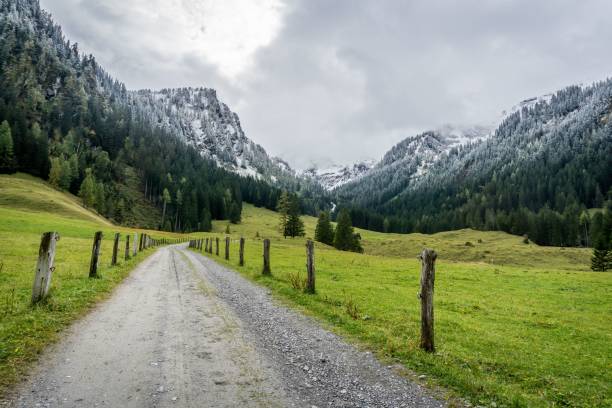 istock Long walking path on a valley surrounded by mountains and forests 1433555315