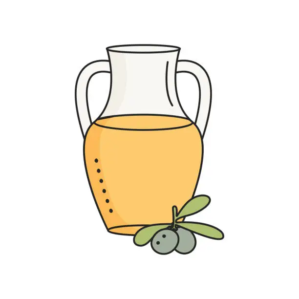 Vector illustration of Glass jug with olive oil. Doodle style.