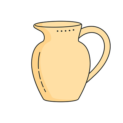 Vintage jug isolated on white. Crockery, kitchenware, kitchen utensils. Doodle style.