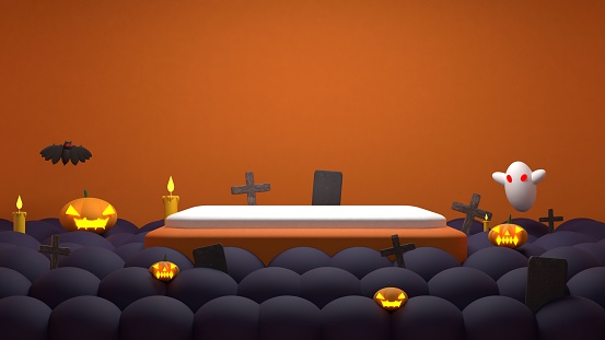 A digital illustration of a spooky orange Halloween graveyard background with copy space