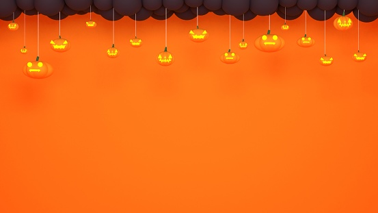 A digital illustration of a spooky orange Halloween background with jack-o-lanterns and copy space