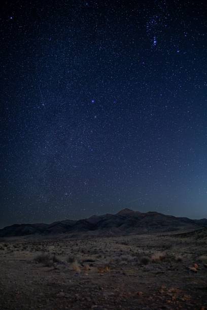 istock Deserted landscape at night with a starry sky, vertical, copy space 1433565099