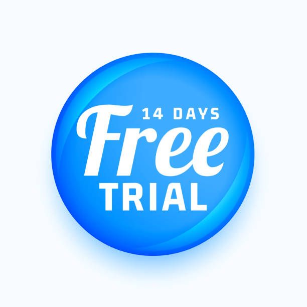 ilustrações de stock, clip art, desenhos animados e ícones de 14 days free trial blue shiny button label - costless