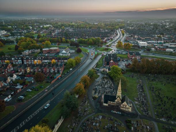 Aerial view of a Doncaster at sunset