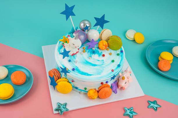 istock Birthday cake covered by stars and balls in different colors 1433574009