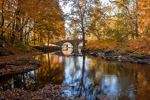 Stone Arch Bridge in Callicoon, NY, Catskill Mountains, surrounded by brilliant fall foliage on a bright autumn morning