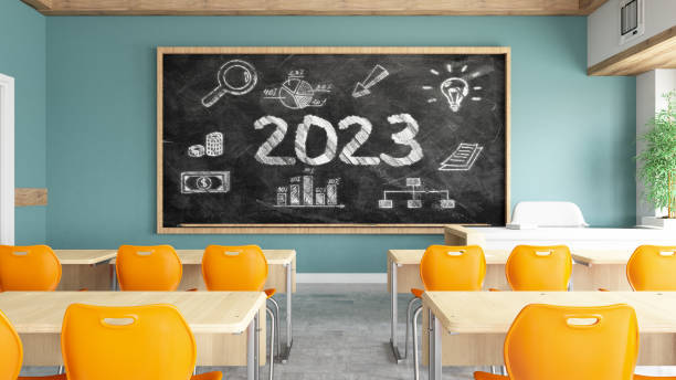 2023 Back to School Concept with Blackboard and Classroom stock photo