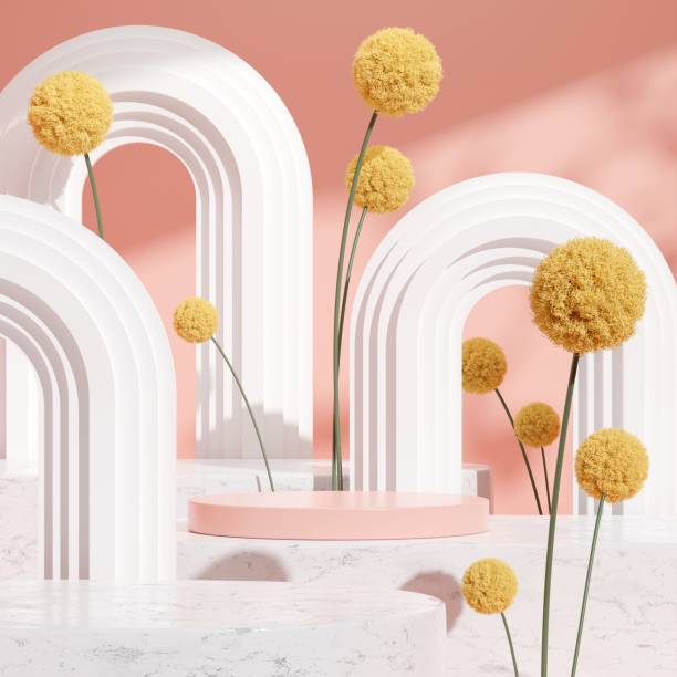 istock 3D render of a geometric white stone podium in a decorative pink display room with yellow flowers 1433575021