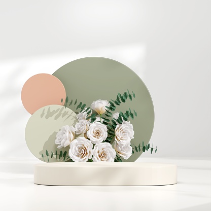 A 3D render of a geometric podium in a display room with circular decorations and white flowers