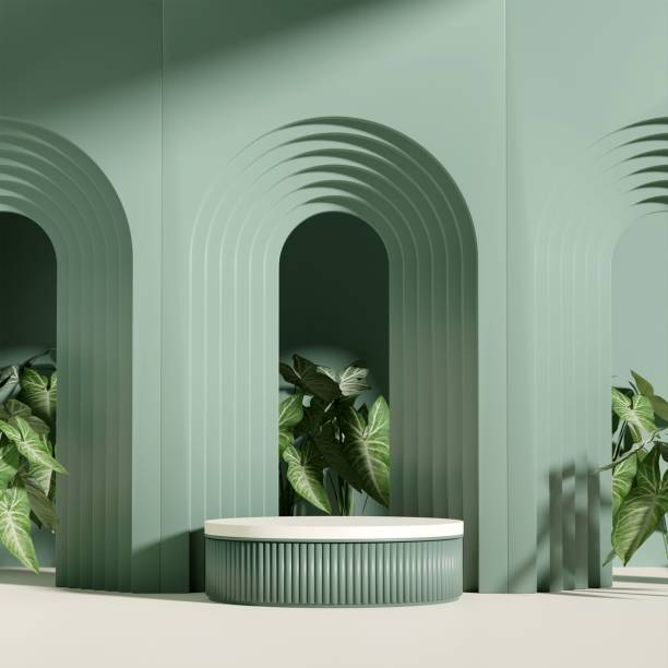 istock 3d display podium pastel green background with green plants 1433575431