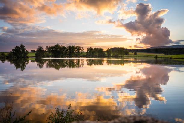 istock Aerial view of lake surrounded by dense trees with reflection in water during sunset 1433576063