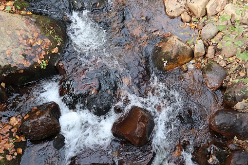 The splashing water of the rocky river in the woods