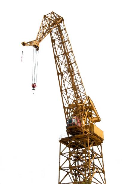 istock Vertical of a metal crane with hook isolated on a white background with copyspace 1433577451