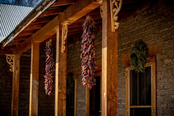 istock Dried Red Chilies strands hanging from thatch poles 1433577591