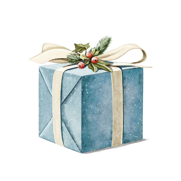ilustraciones, imágenes clip art, dibujos animados e iconos de stock de caja azul vintage de dibujos animados en acuarela con regalo de navidad - white background gift christmas wrapping paper