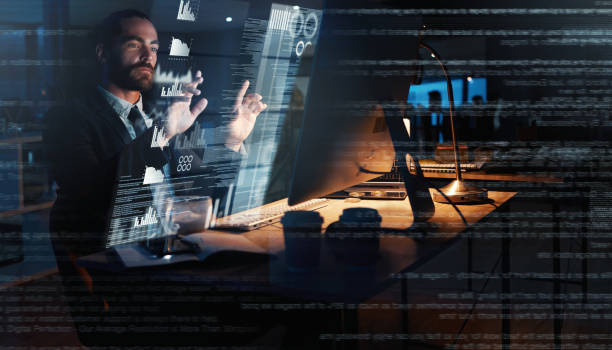 istock Corporate man with futuristic hologram analytics for work planning and strategy for success of business. Overlay of businessman or person with digital tech or technology innovation for company future 1433582180