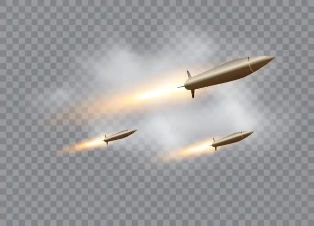 Vector illustration of Realistic flying rockets in motion with the fiery trace. Vector illustration