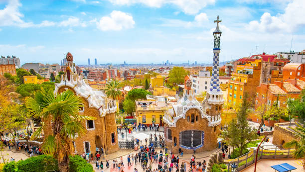 Park Güell and Barcelona city scenic skyline, Spain Famous Park Güell and Barcelona city scenic skyline, Spain travel photo barcelona stock pictures, royalty-free photos & images