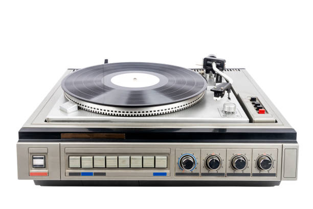 istock Vintage turntable record player with black vinyl 1433583026