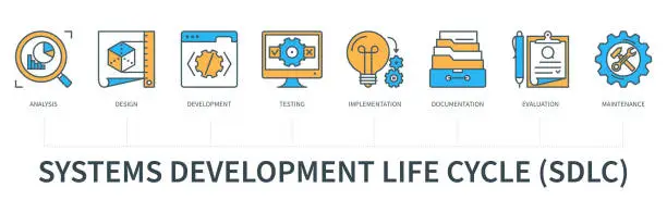 Vector illustration of Systems development life cycle concept with icons in minimal flat line style