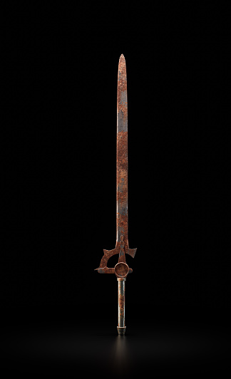 A very old and very rusted knight's sword. An ancient weapon of war. Rusted sword in black background. 3d rendering, nobody