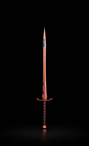 istock Damaged orange painted sword. Knight sword in black background, 3d rendering 1433584312