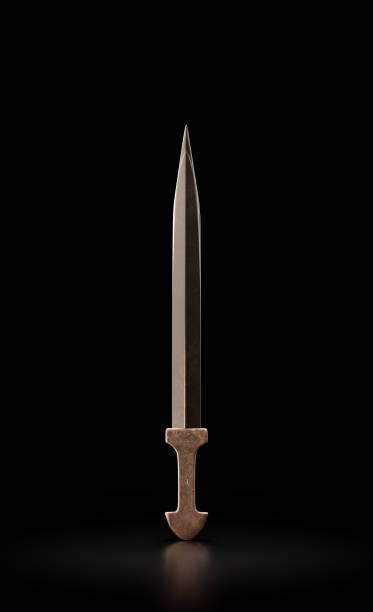 istock Golden sword. Ancient warrior weapon isolated in black background, 3d rendering 1433584412