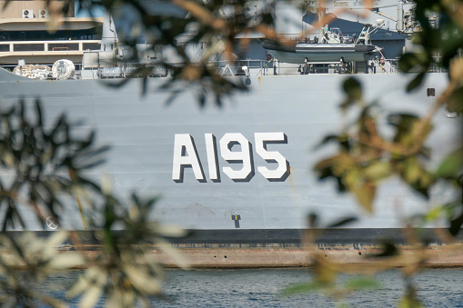 The hull of HMAS Supply of the Royal Australian Navy moored at Garden Island, Sydney Harbour, viewed through the indigenous vegetation of Mrs Macquarie's Chair. This image was taken on an afternoon in Spring.