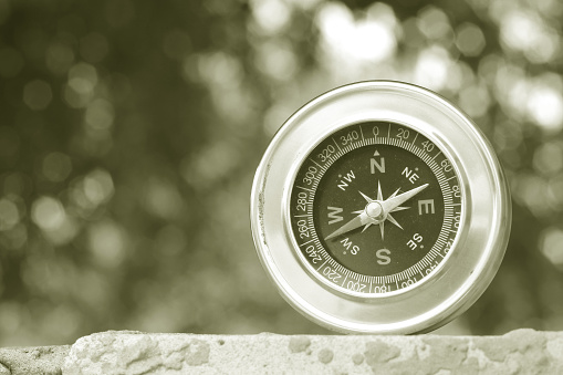 Old classic navigation compasses on natural background