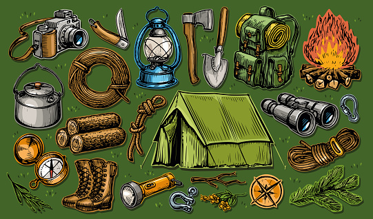 istock Camping equipment set. Summer camp collection. Active holidays or local tourism concept. Color vector illustration 1433588534